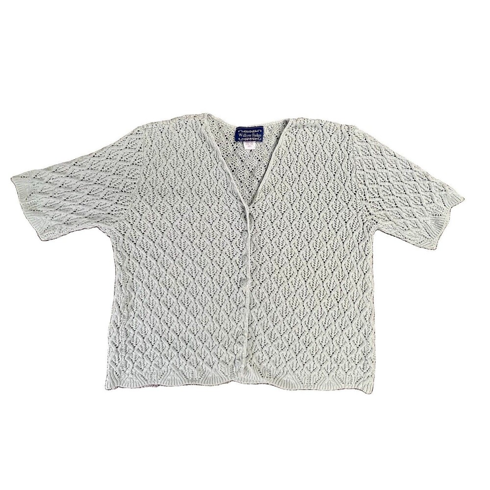Vtg Womens Crochet Cardigan Sz L Light Green Cotton USA Short Sleeve sweater
